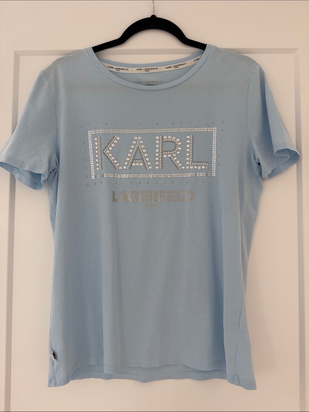 Karl Lagerfeld Pale Blue Crystal-Stud Logo Tee
